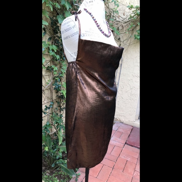 Nasty Gal Bronze Metallic Lamé Tie Strap Cowl Neck Mini Dress USA Size 8 - Picture 2 of 7
